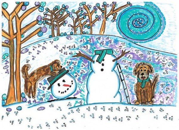 Online viewing of childrens paintings of dogs making snowmen in winter