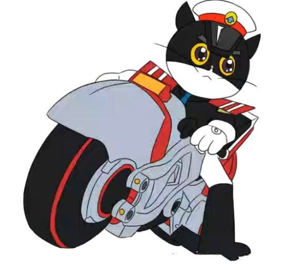 Handsome black cat police sergeant riding a motorcycle