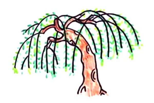 Thousands of green silk ribbons hanging down willow tree simple drawing tutorial