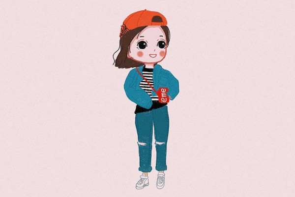 A set of simple drawings of cute little girls in spring