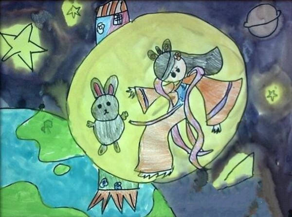 Chang'e on the Moon Mid-Autumn Festival childrens painting