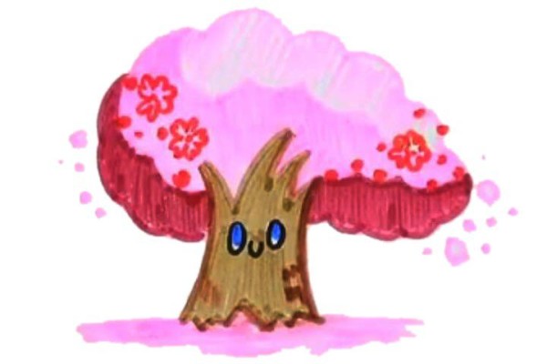 Simple drawing tutorial of cherry blossom tree with cherry blossoms drifting in the wind in spring