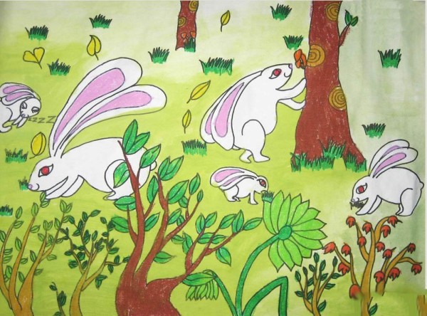 Childrens drawing of cute little white rabbit