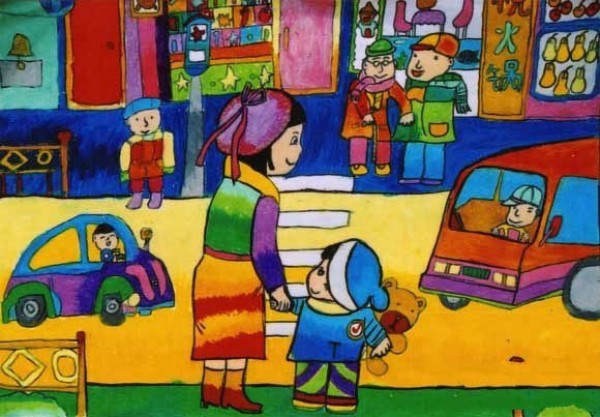 Appreciation of childrens crayon drawings-going shopping with mom during the holidays