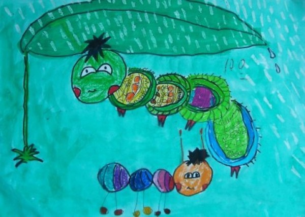 Childrens drawing of little bug hiding from rain