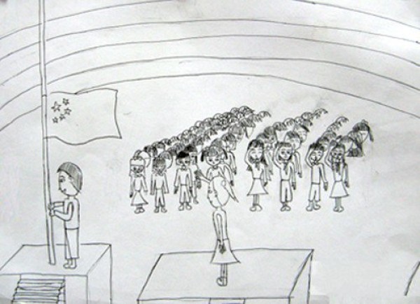 Simple drawing pictures of primary school students' flag raising ceremony