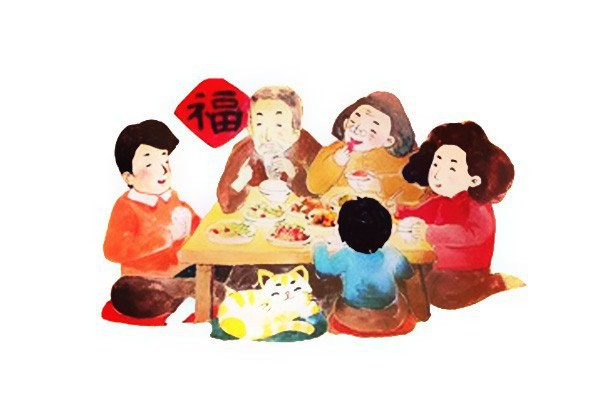 A set of New Years Eve reunion dinner illustrations