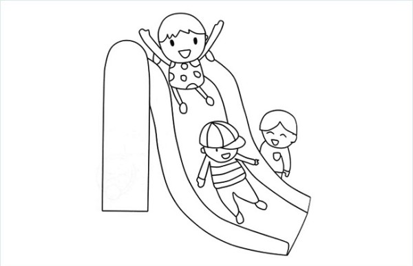 A simple picture of three children playing on the slide