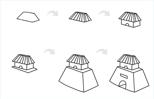 Steps to draw simple strokes of ancient towers