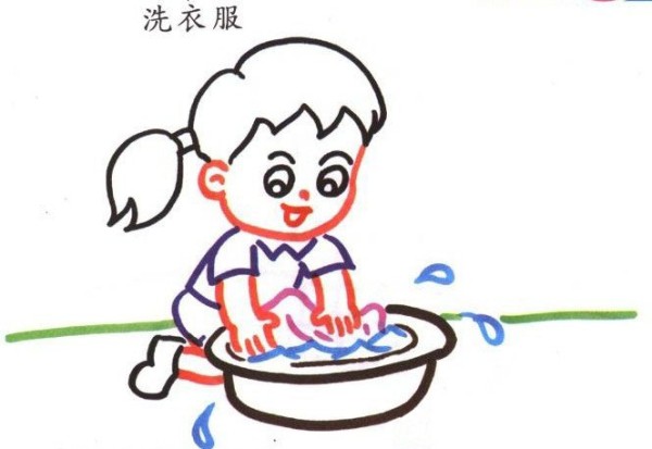 Children learn to draw characters. Little girl washes clothes.