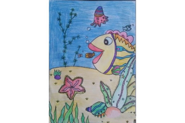 Big fish mother and little fish underwater world oil pastel painting teacher model