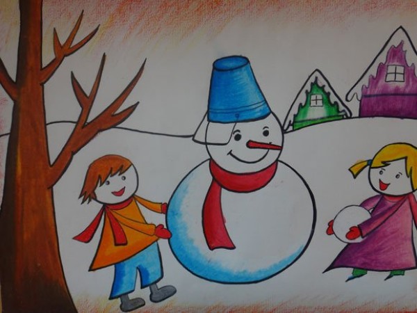 Childrens drawings of snowball fights and snowman making