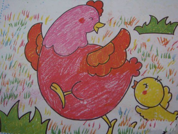 Excellent childrens watercolor painting - mother chicken playing games with her chicks