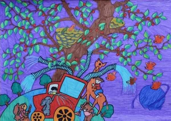 A 9-year-old child’s creative painting for Arbor Day: a smart watering truck