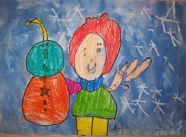 Childrens drawing of winter in my eyes - a different little snowman