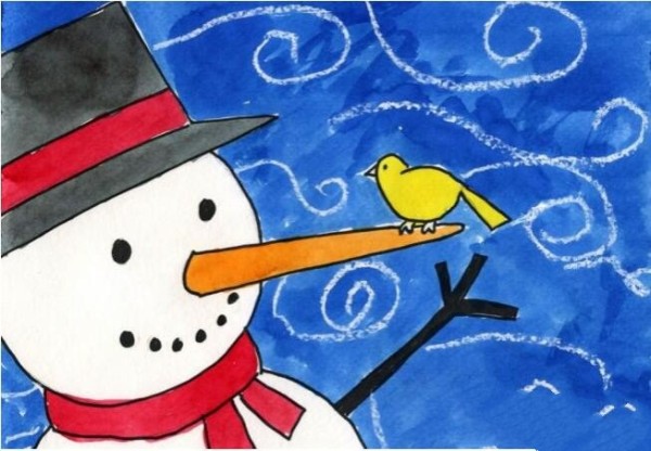 The winning picture of the winter drawing competition - the snowman and the bird