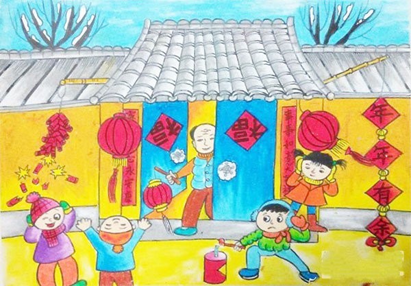 A collection of childrens paintings celebrating the Spring Festival in 2017