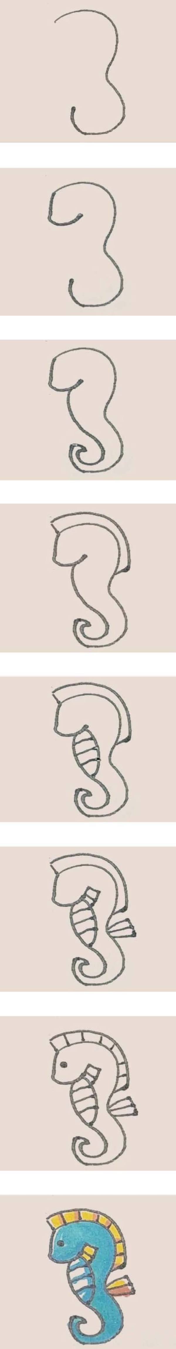 Childrens simple drawing of seahorse step by step