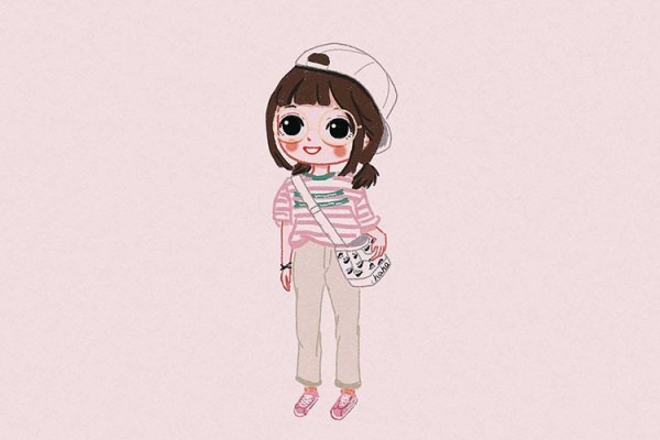 A set of simple drawings of cute little girls in spring