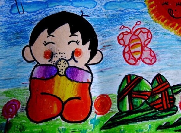 Sharing of the Dragon Boat Festival scene painting of a little boy eating rice dumplings