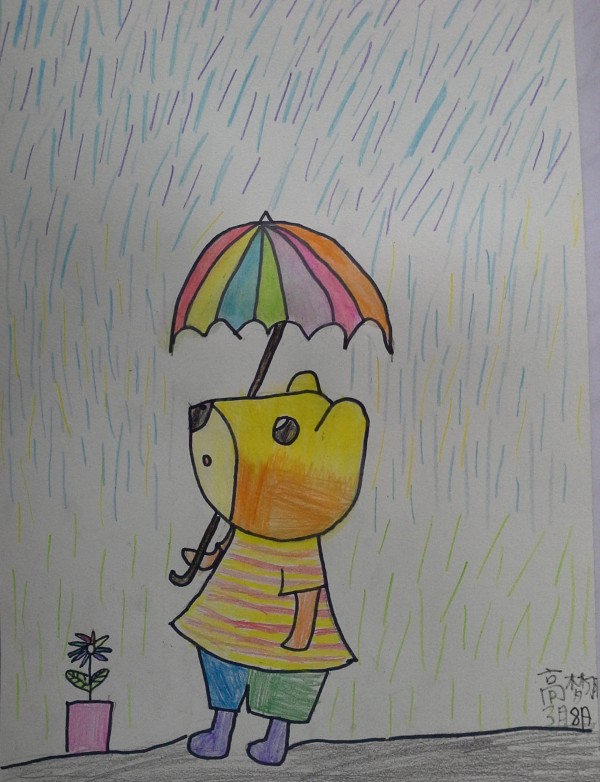 Childrens drawing of bear holding an umbrella