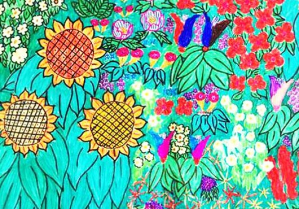 Spring childrens simple drawing pictures_beautiful garden