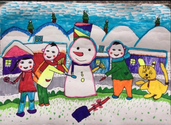 Childrens drawing of excited snowman