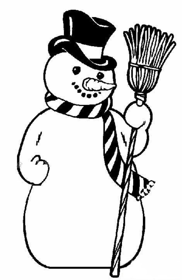 Simple drawing of snowman holding a broom