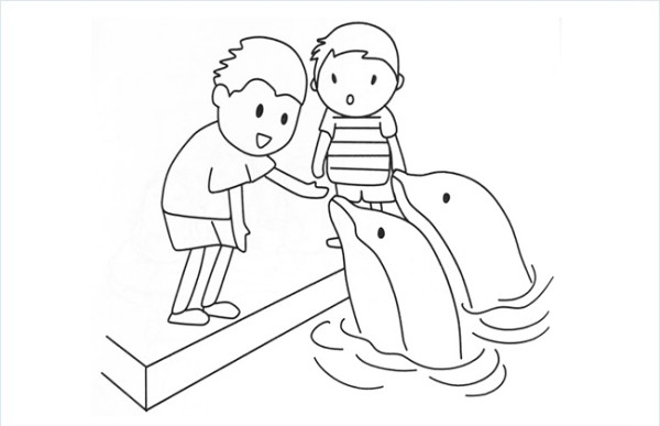 Simple drawing picture of children interacting with dolphins in the aquarium