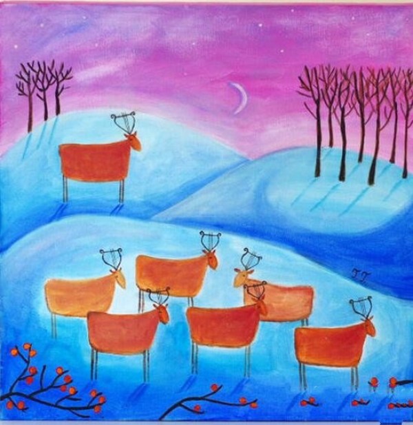 Elk winter scene in moonlight oil painting