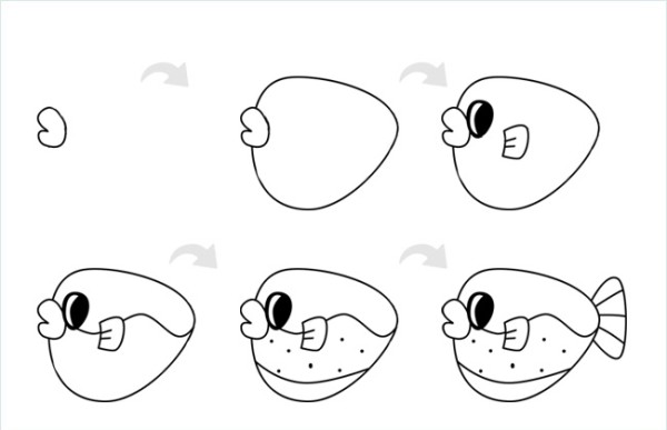 The simple drawing of cute little puffer fish includes step-by-step pictures