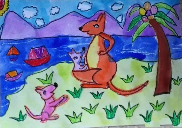 Picture display of cute animal paintings of kangaroo mother and baby kangaroo