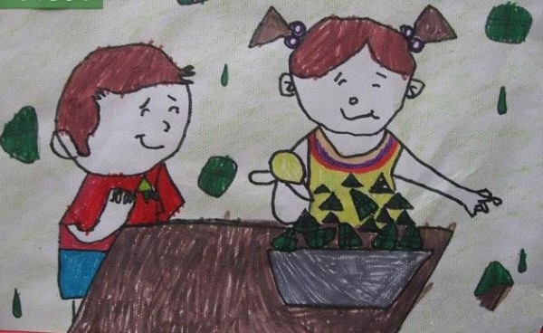 Childrens drawings of eating rice dumplings during Dragon Boat Festival - happy making rice dumplings