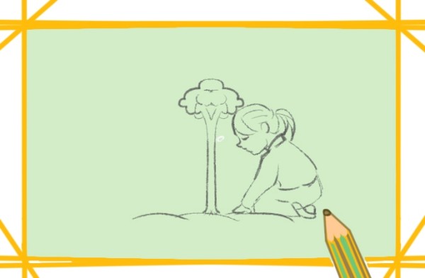 Simple drawing of girl planting trees