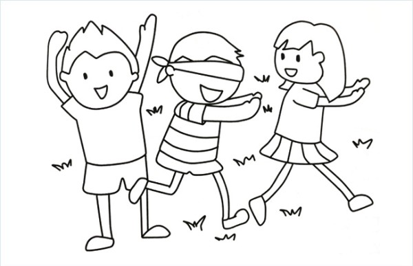 A simple drawing of three children playing a hide-and-seek game