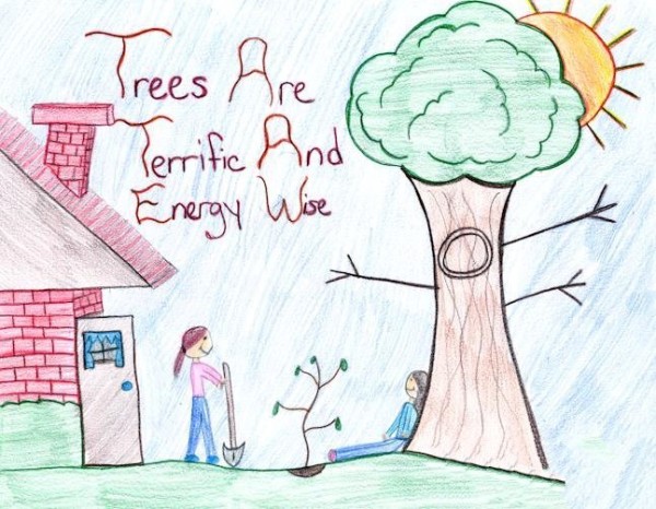 Simple Arbor Day painting of little sisters planting trees