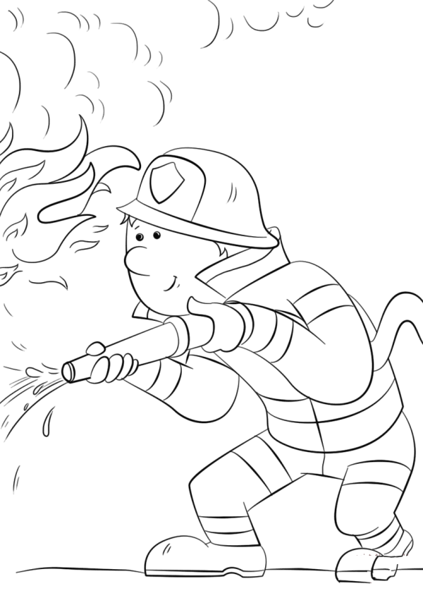 Cartoon firefighter spraying fire hose