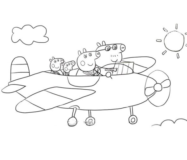 Peppa Pig and her family travel by plane