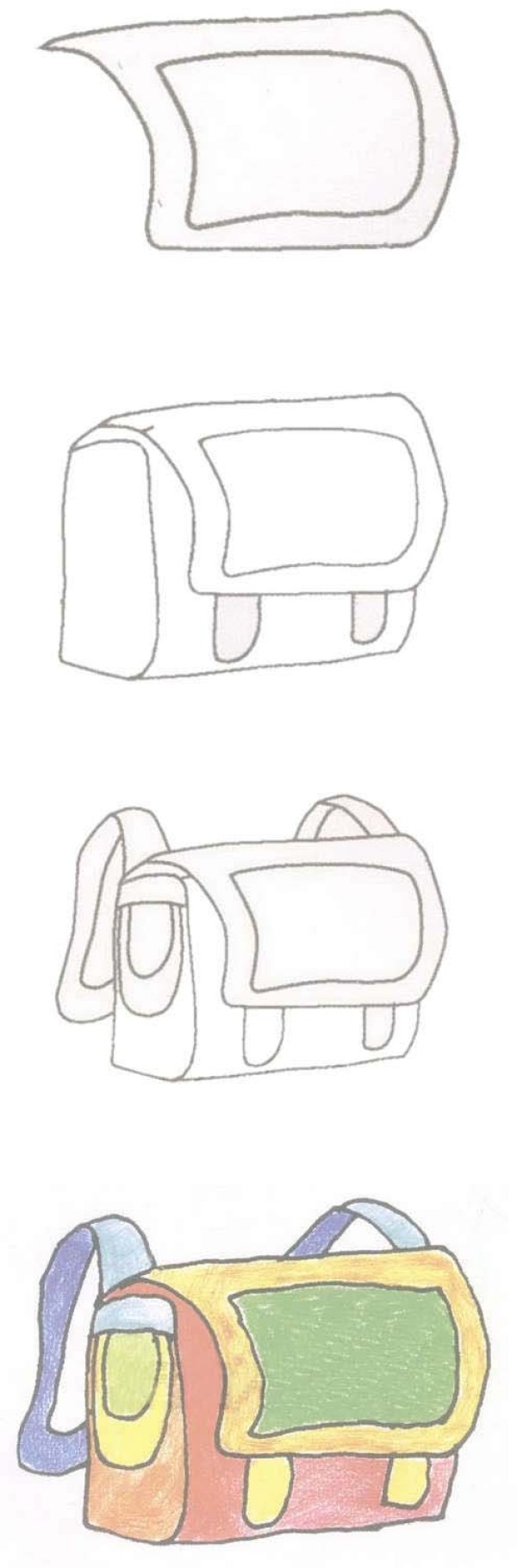 Step by step drawing of childrens small schoolbag with simple strokes