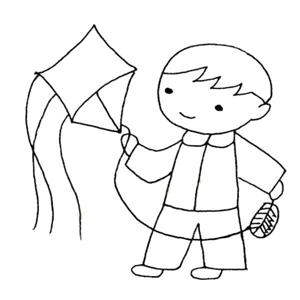 Simple drawing picture of little boy flying a kite