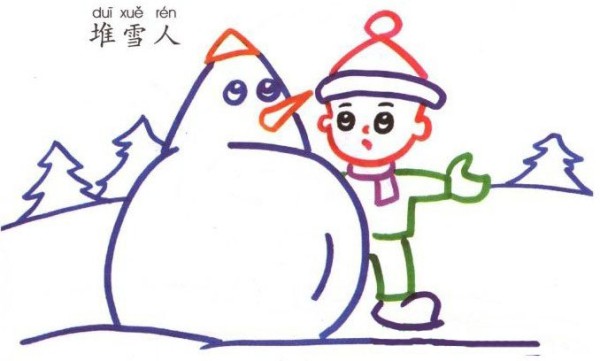 Simple character drawing little boy making a snowman