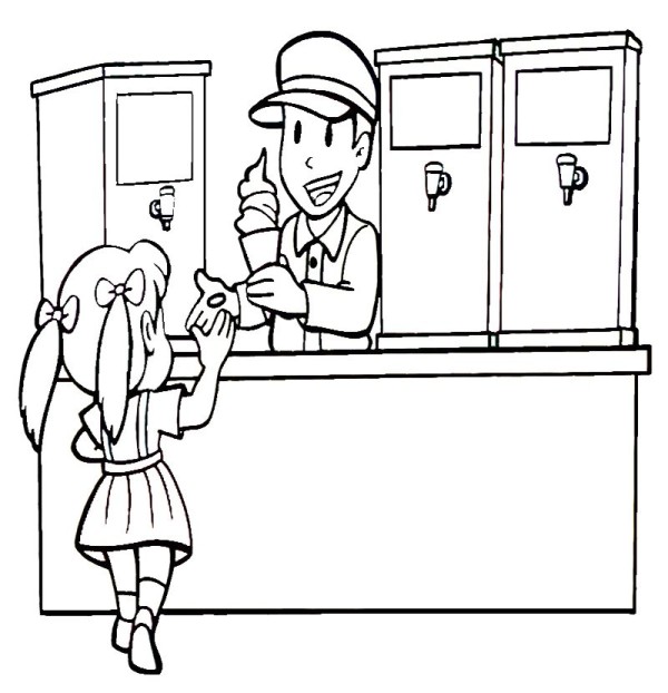 Simple drawing of little girl buying ice cream