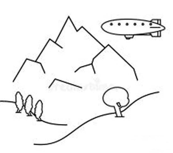 Simple drawing picture of airship in the valley