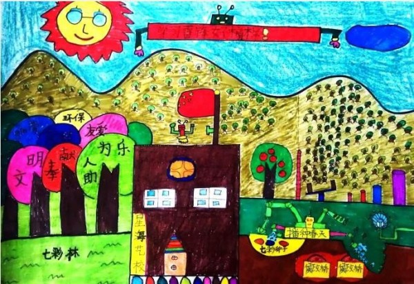 Appreciation of childrens paintings of sowing green in spring