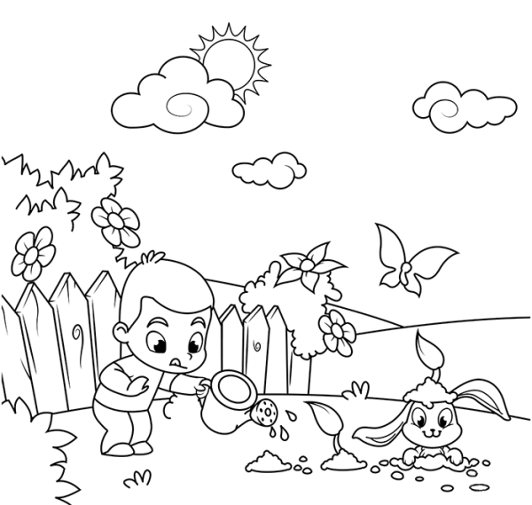 Little boy planting flowers with bunny