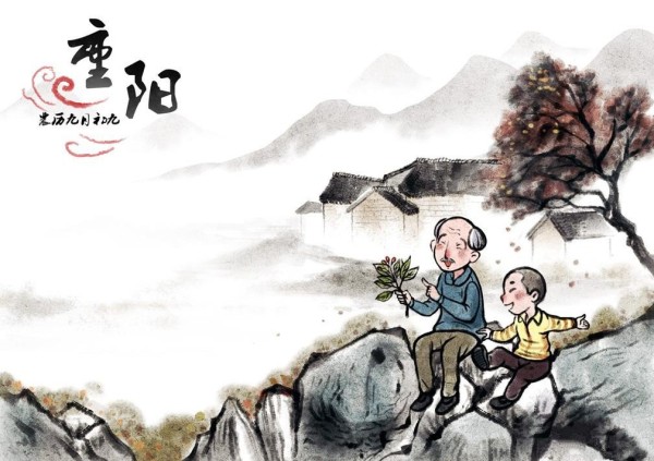 Sharing pictures of children’s ink paintings of climbing high to appreciate the autumn during the Double Ninth Festival