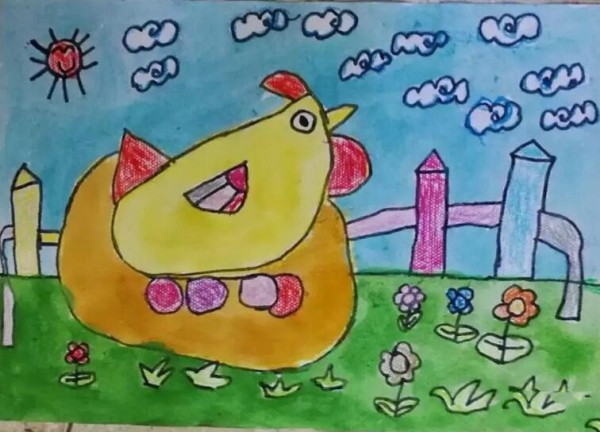 Sharing of Spring Paintings by Mother Chicken on the Grass and Toddlers