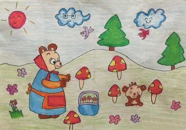 Appreciation of fourth grade animal scene paintings by Mother Bear picking mushrooms