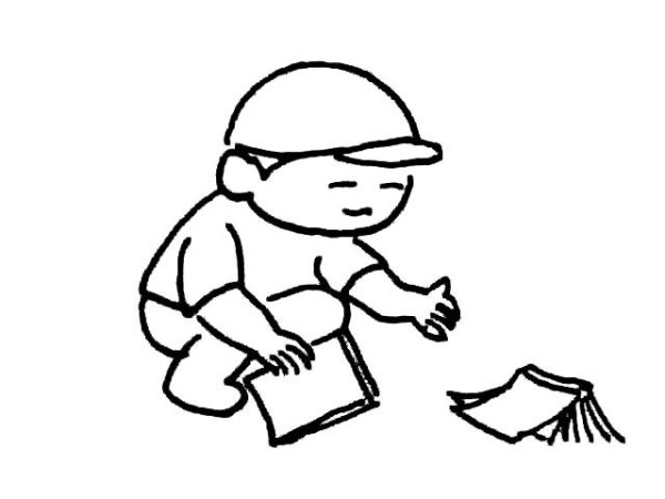 Simple drawing of little boy picking up books