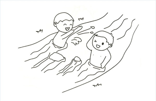 A simple picture of two children swimming and splashing in the river